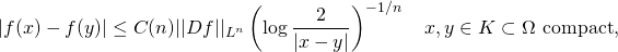 \[|f(x)-f(y)| \le C(n)||Df||_{L^n}\left(\log\frac{2}{|x-y|}\right)^{-1/n}\quad x,y\in K\subset\Omega\textrm{ compact},\]